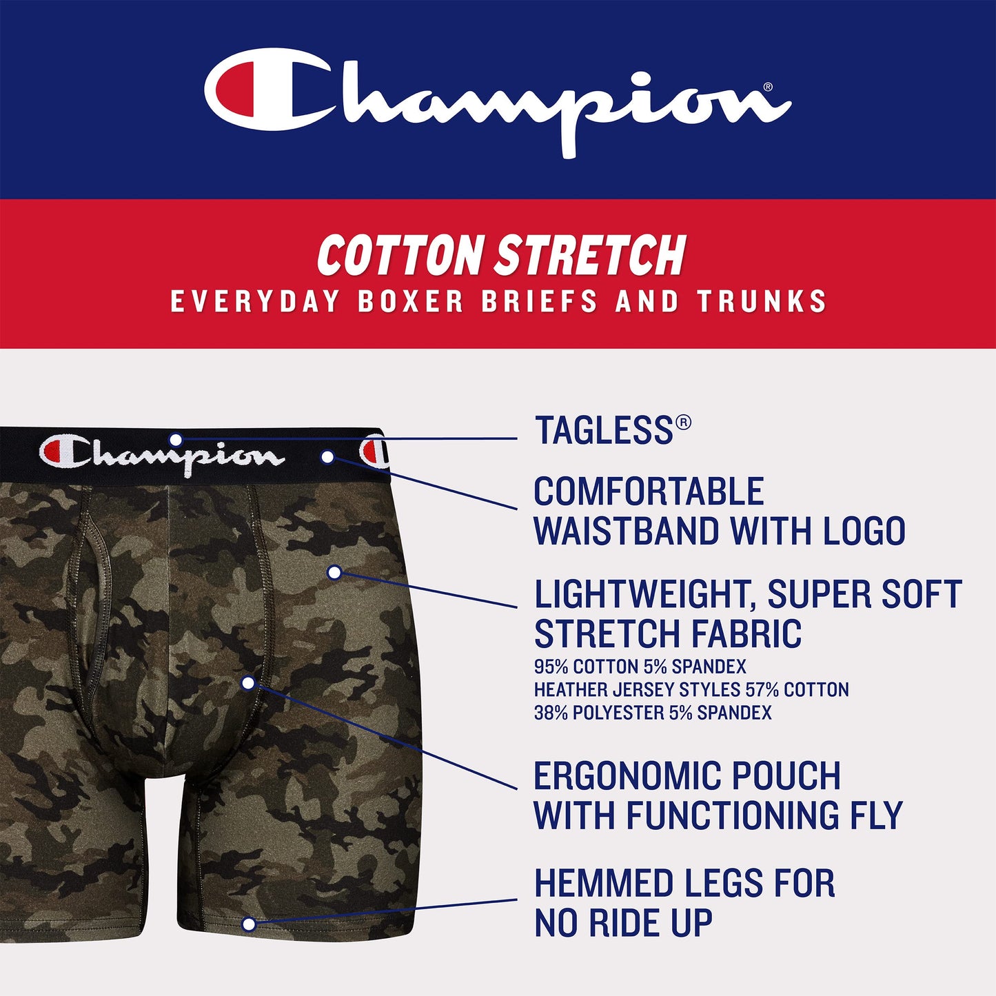 Champion mens Underwear Boxer Briefs, Every Day Comfort Stretch Cotton Moisture-wicking Underwear, Multi-pack