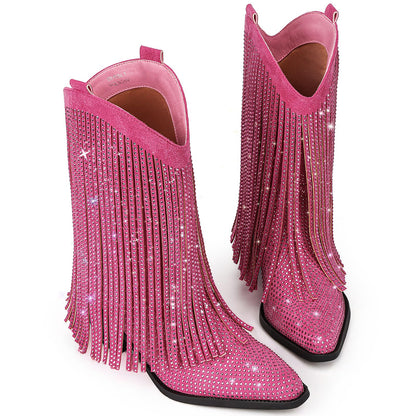Fringe Cowboy Boots for Women – Mid Calf Cowgirl Boots with Star Studded, Pointed Toe and Chunky Heel, Perfect for Country Music Festivals