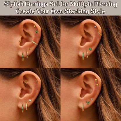 Jstyle Hypoallergenic Surgical Steel Earrings for Sensitive Ears 14K Gold Flat Back Earrings for Women Men Small Stainless Steel Earrings Flatback Stud Hoop Cartilage Earring Set for Multiple Piercing