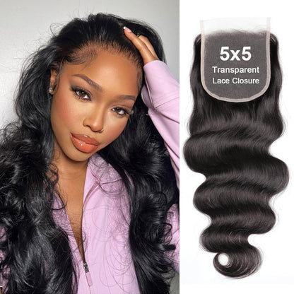 5x5 Transparent HD Lace Closure Body Wave Human Hair Closure Invisible Ultra-thin 5x5 Lace Closure Brazilian Raw Virgin Human Hair Pre Plucked Natural Black 16 Inch