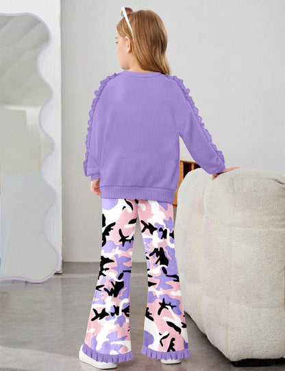 Toddler Girl Clothes Camo Girls Outfits Ruffle Sleeve Tops + Bell Bottom Flared Pants 2 Piece Winter Sweatsuit 2-10T