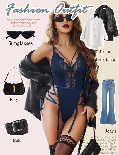 Avidlove Lingerie for Women Lace Lingerie Sets with Garter Belts One Piece Bodysuit Teddy No Stockings S-XXL