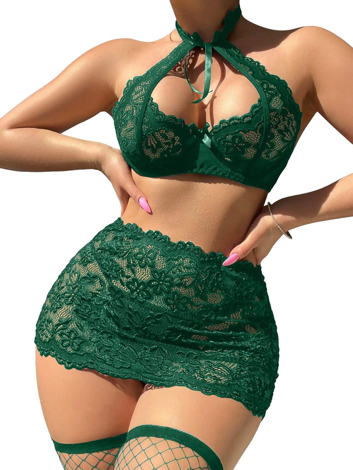 Sexy Cutout Halter Underwire Sheer Mini Skirt Stocking Lingerie Set 4 Piece Outfits