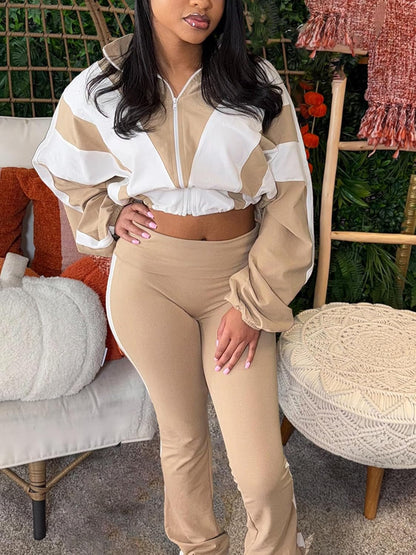 Women 2 Piece Outfit Long Sleeve Zip Up Crop Jacket High Waist Stretchy Pants