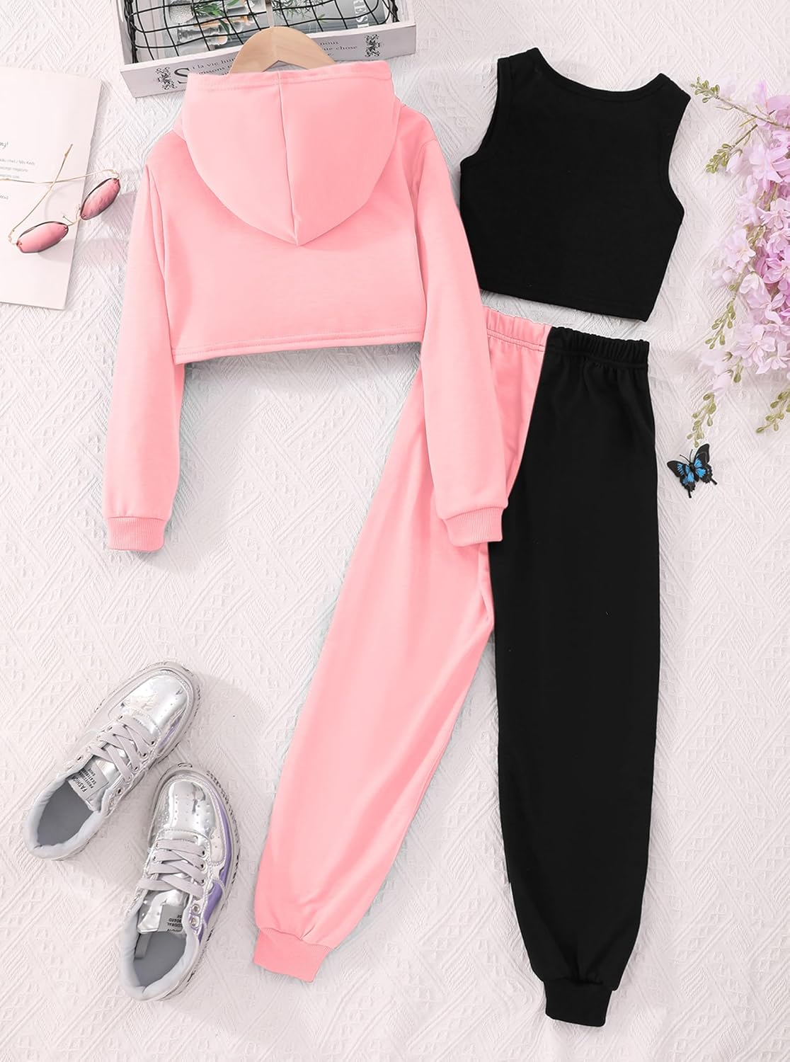 Hilinker Girls Graphic 3 Piece Outfits Workout Crop Hoodie Ribbed Tank and Sweatpants Set