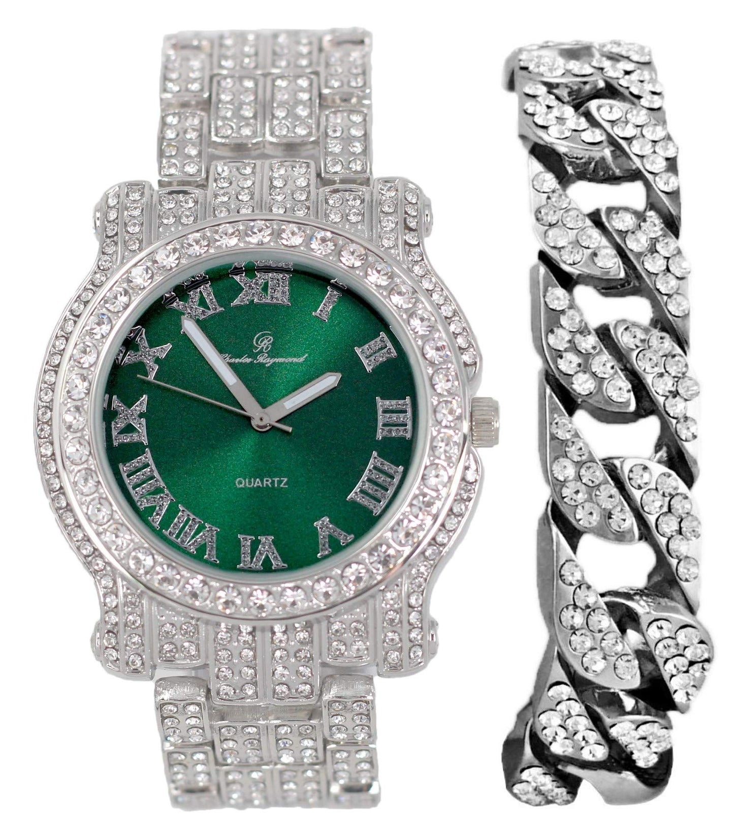 Charles Raymond Bling-ed Out Silver Round Luxury Mens Watch w/Bling-ed Out Bracelet - L0504B