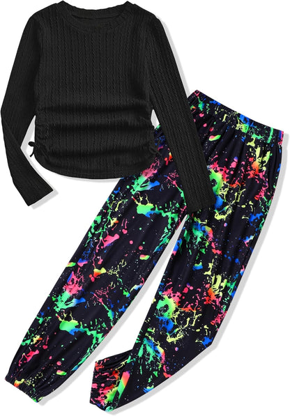 Girls' Clothing Sets Ribbed Knit Crewneck T-Shirt & Camo Print Elastic Waist Pants Girls Clothes Size 6-16Y