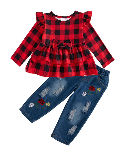 NZRVAWS Baby Girl Clothes Toddler Girl Outfits Infant Ruffle Shirt Denim Ripped Jeans Cute Clothing Set