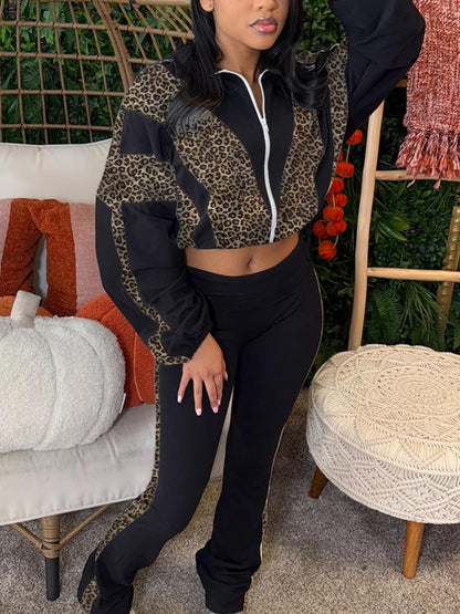 Women 2 Piece Outfit Long Sleeve Zip Up Crop Jacket High Waist Stretchy Pants