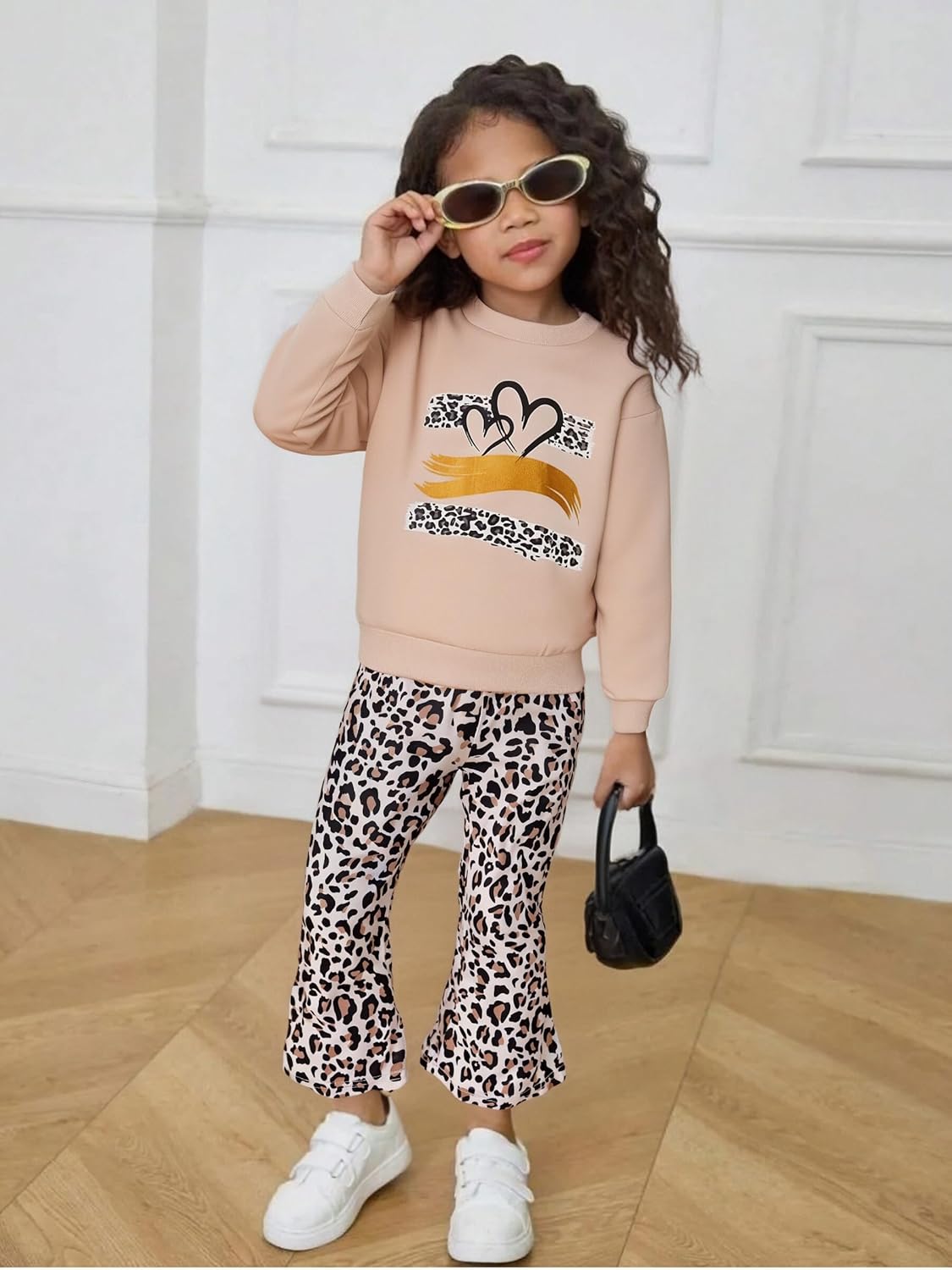 Toddler Girl Clothes Long Sleeve Cartoon & Letter Graphic Top + Fruit Stationery Print Flared Leg Pants