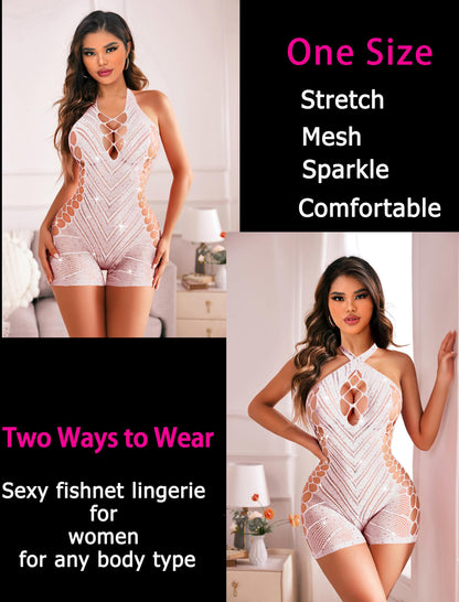 Avidlove Womens Lingeries Fishnet Lingerie for Women Sexy Outfit Fishnet Bodysuit Sparkle Rhinestone Cut Out Romper