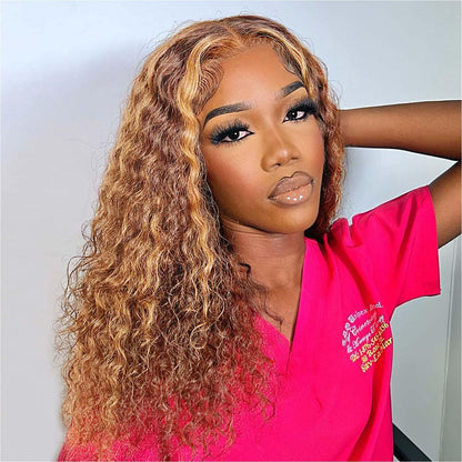 Curly Bob Wig Human Hair Deep Wave 13x4 HD Lace Front Wigs For Black Women Human Hair Pre Plucked Wear And Go Glueless Short Wet And Wavy Ombre Honey Blonde Highlight Color 4/27 14 Inch