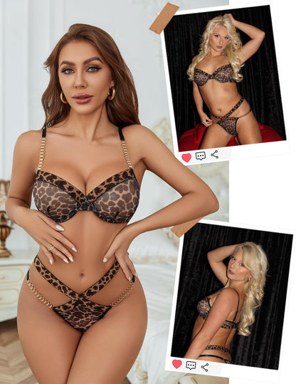 Avidlove Sexy Lingerie Set Mesh See Through Underwire Bra Panty Set Leopard Splice Push Up Lingerie with Chain