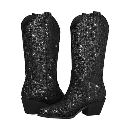 Richealnana Sparkly Rhinestones Cowboy Cowgirl Style Boots Calf High Boots for Women 2INCH Heeled Shining Pull On Tabs