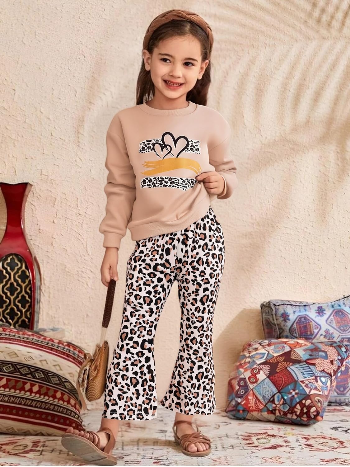 Toddler Girl Clothes Long Sleeve Cartoon & Letter Graphic Top + Fruit Stationery Print Flared Leg Pants