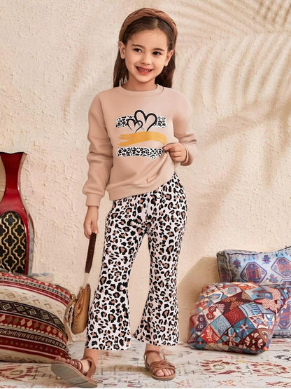 Toddler Girl Clothes Long Sleeve Cartoon & Letter Graphic Top + Fruit Stationery Print Flared Leg Pants