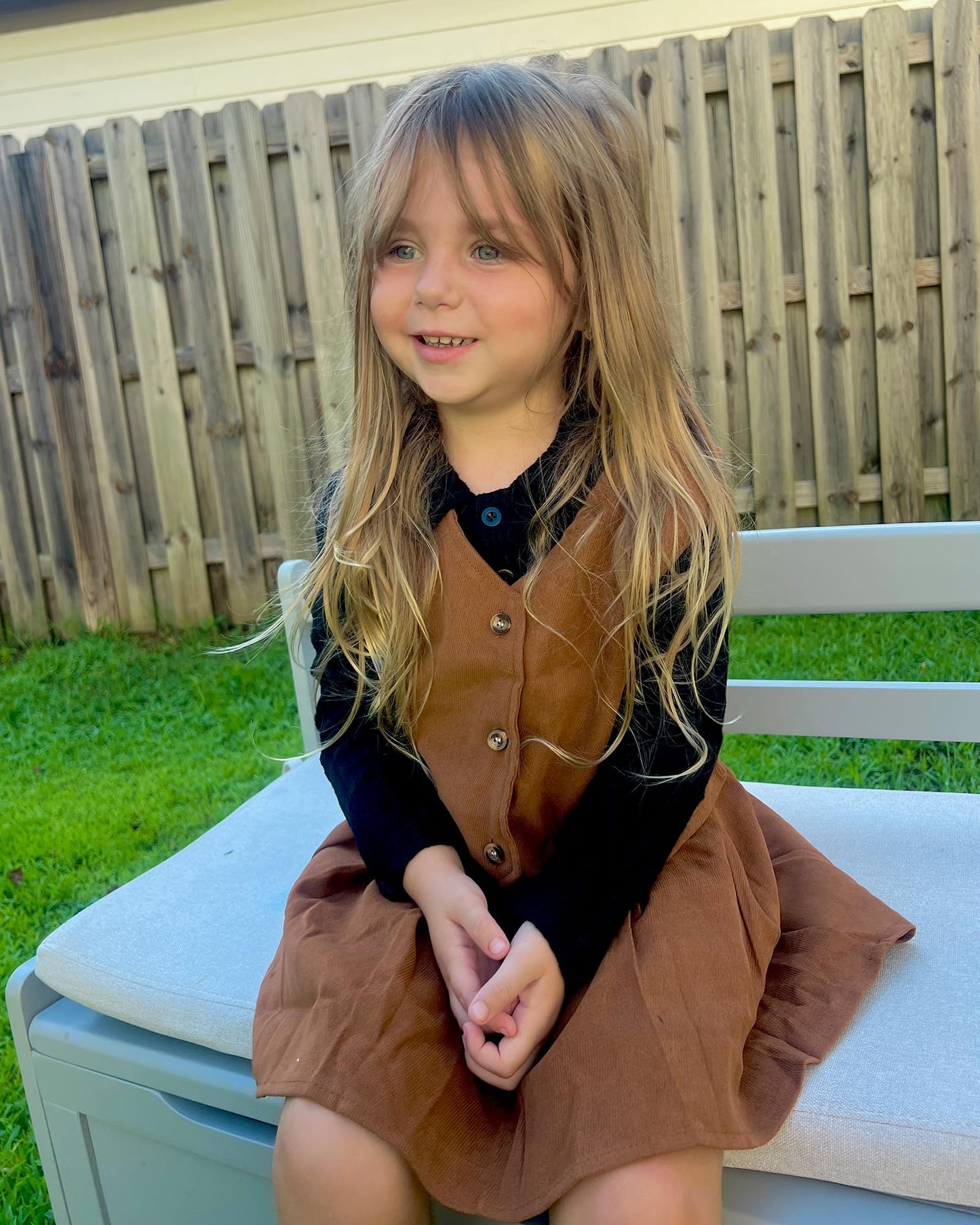 HINTINA Toddler Little Girl Sleeveless Button Vest Ribbed Long Sleeve Collar Top And Pleated Skirt With Belt