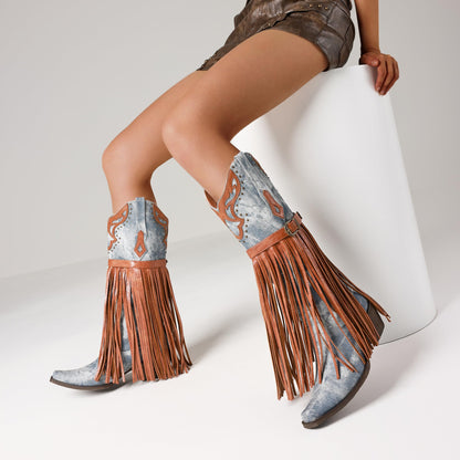 SaraIris Women's Western Bootie, Fashion Pointed Toe, Chunky Heel, Embroidered, Fringe, Pull-On, Mid Calf Boots, 2.75 inches, Knee High, PU, Denim, Rubber
