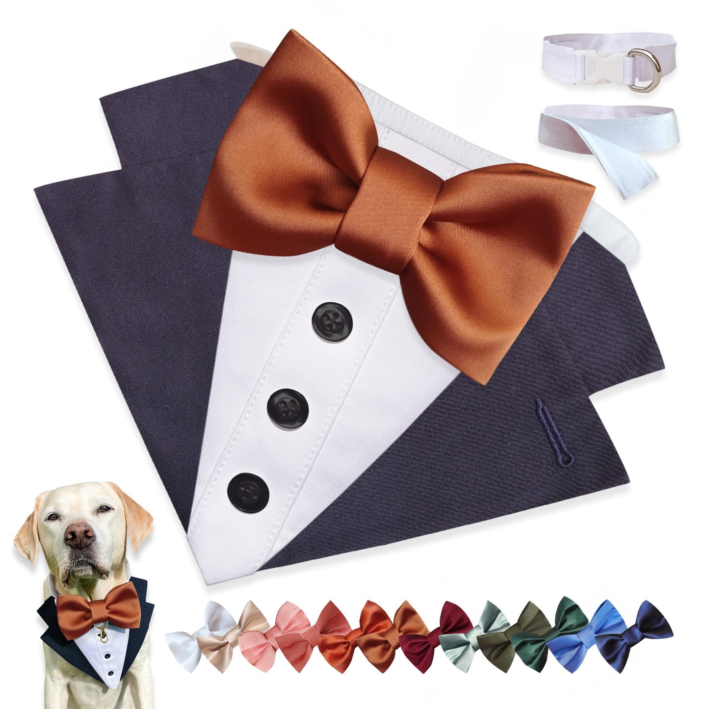 Custom-Fit Dog Tuxedo with Bow Tie & Lapel Uncut Cham Eyelet | Keyhole Fishtail Buttonhole Design | Optional Ring Bearer Clasp | Perfect Outfit for Wedding & Birthday by ACORD EU (Tan)