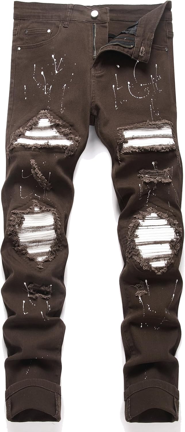 Men's Ripped Patch Elastic Jeans Fashion Slim Fit Regular Denim Pants