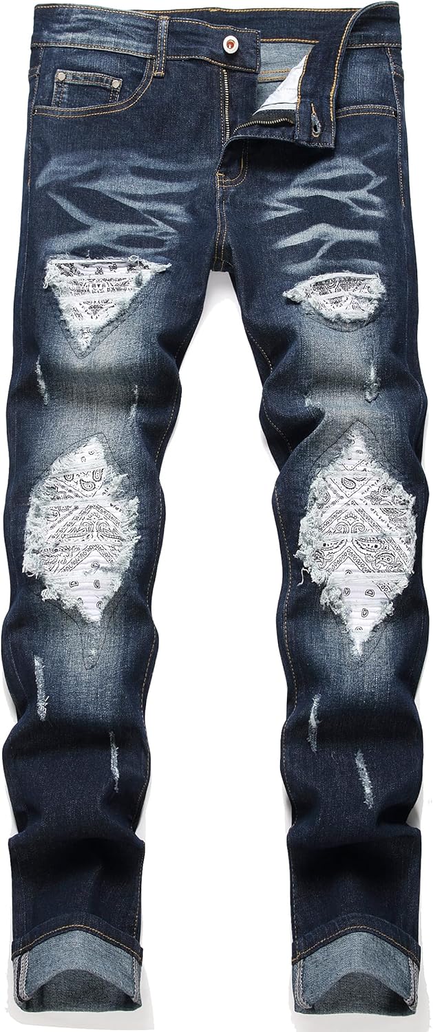 OIIIO Men's Patch Ripped Stretch Regular Fit Jean