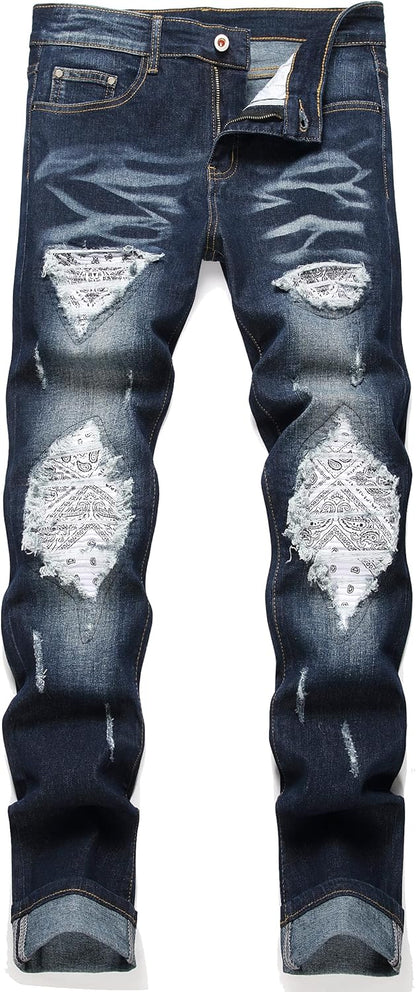 OIIIO Men's Patch Ripped Stretch Regular Fit Jean