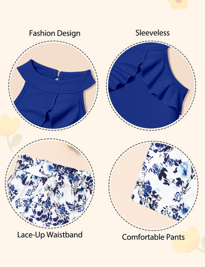 MIGU Girls Clothes Summer Halter Neck Ruffle Sleeveless Top Fashion Cute Floral Belt Shorts Two Piece Outfit Set Size 6-12