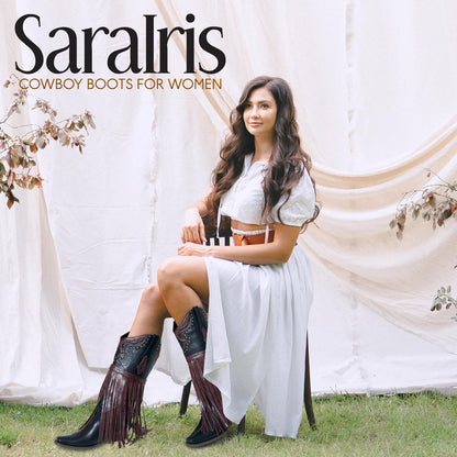 SaraIris Women's Western Bootie, Fashion Pointed Toe, Chunky Heel, Embroidered, Fringe, Pull-On, Mid Calf Boots, 2.75 inches, Knee High, PU, Denim, Rubber