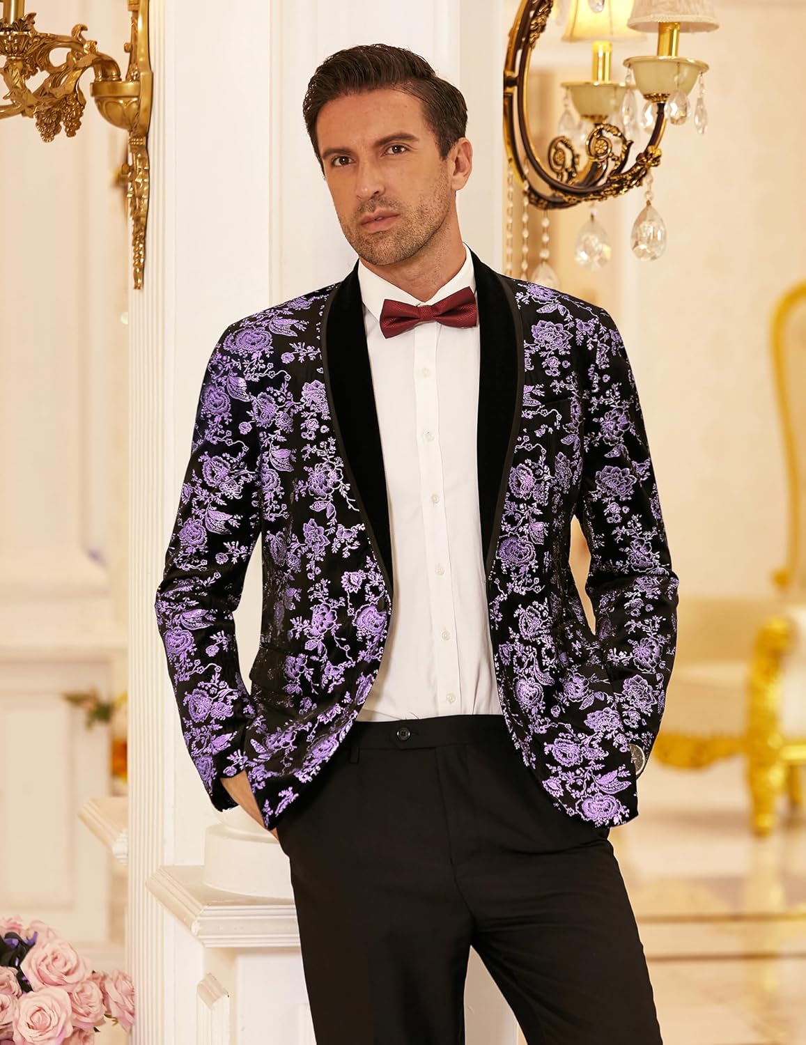 COOFANDY Men's Velvet Tuxedo Floral Blazer Jacket One Button Shawl Lapel Suit Jacket for Dinner Prom Party Wedding