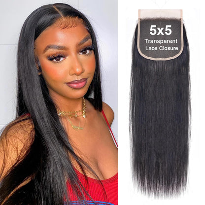 5x5 Transparent HD Lace Closure Body Wave Human Hair Closure Invisible Ultra-thin 5x5 Lace Closure Brazilian Raw Virgin Human Hair Pre Plucked Natural Black 16 Inch