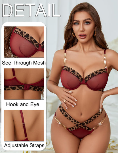 Avidlove Sexy Lingerie Set Mesh See Through Underwire Bra Panty Set Leopard Splice Push Up Lingerie with Chain