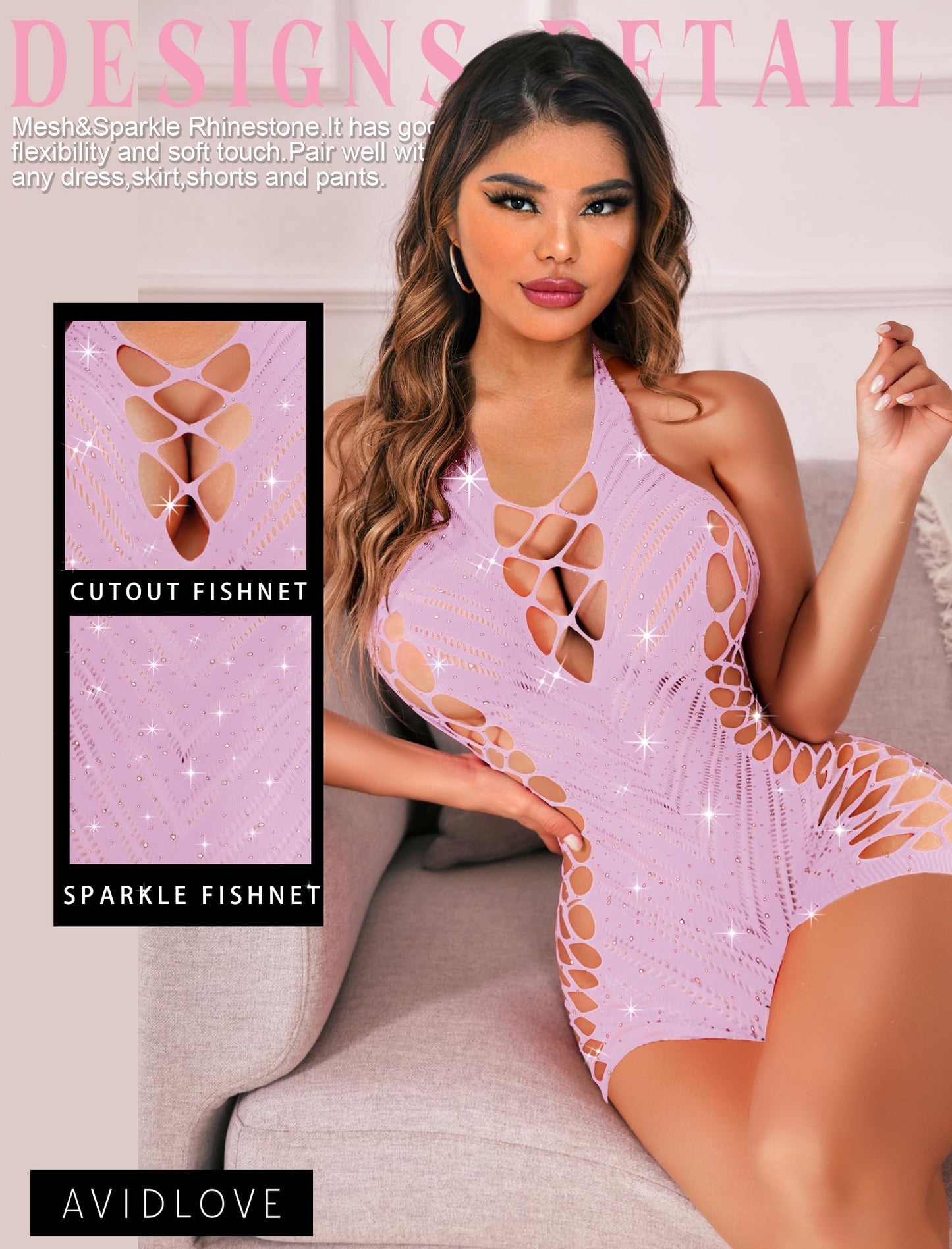 Avidlove Womens Lingeries Fishnet Lingerie for Women Sexy Outfit Fishnet Bodysuit Sparkle Rhinestone Cut Out Romper