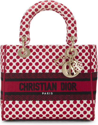 Pre-Loved Red Embroidered Canvas Dioramour Lady D-Lite Medium, Red