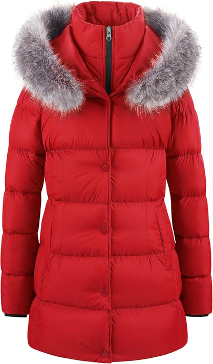 CREATMO US Women's Winter Snow Jacket Long Fur Puffer Coat With Removable Faux Fur Trim