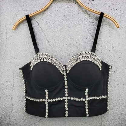 Women's Handmade Rhinestone Diamond Push up Bustier Crop Top Punk Corset Bra Vest