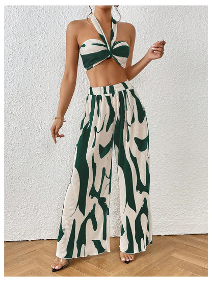 OYOANGLE Women's 2 Piece Outfits Graphic Print Knitted Crop Halter Top and Wide Leg Pants Set