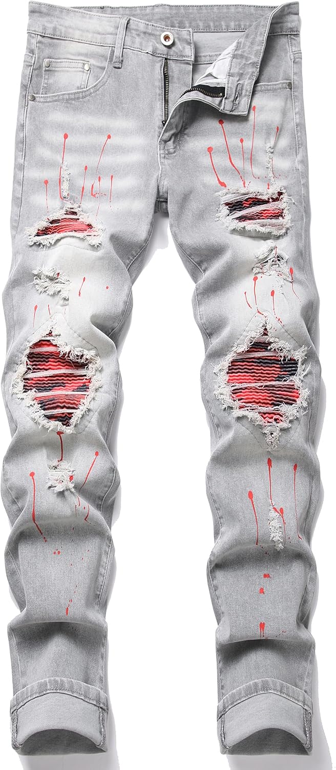 Men's Ripped Patch Elastic Jeans Fashion Slim Fit Regular Denim Pants