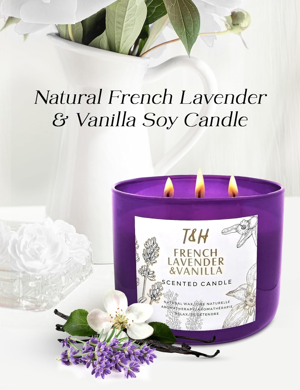 Lavender Vanilla Aromatherapy Candle 3 Wick | Scented Candles for Home | 15.8 oz Large Soy Candle | Relaxing Candles with Long Lasting Fragrance | Decorative Candle Gift for Women