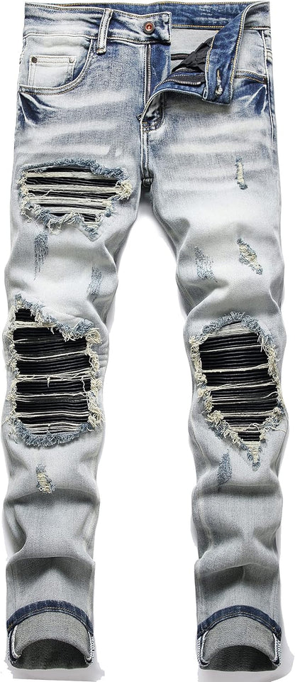 OIIIO Men's Patch Ripped Stretch Regular Fit Jean