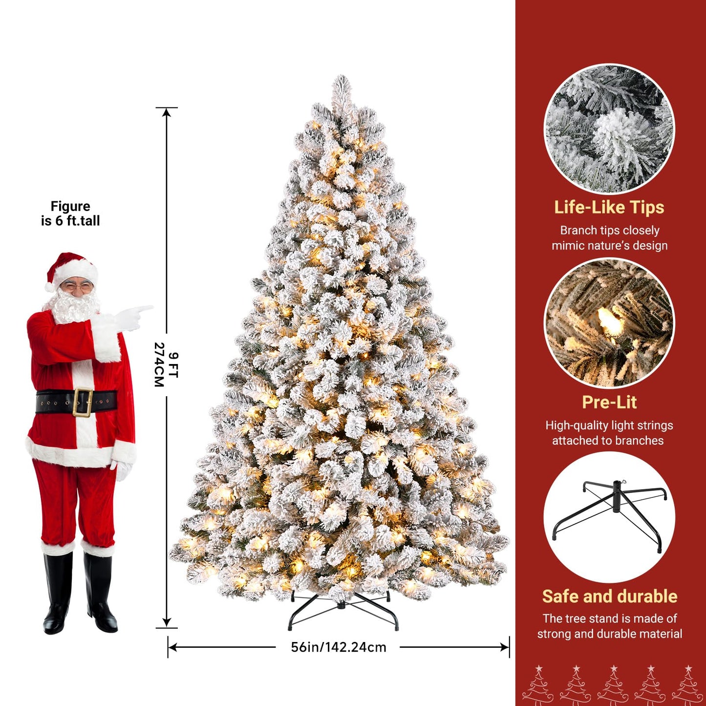 SHareconn 7.5ft Prelit Snow Flocked Spruce Artificial Christmas Tree with 350 Incandescent Warm White Lights, Foldable Stand, Snow Flocked Full Prelighted Xmas Tree W/1170 Branch Tips, 7.5 FT, White