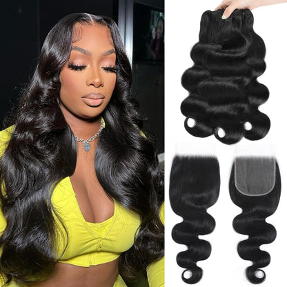 12A Human Hair Bundles with Closure Body Wave Bundles 20 22 24+18 Inch 5X5 HD Lace Closure Human Hair 100% Brazilian Virgin Hair Extensions 3 Bundles Deals Hair Quick Weave Bundle for Women