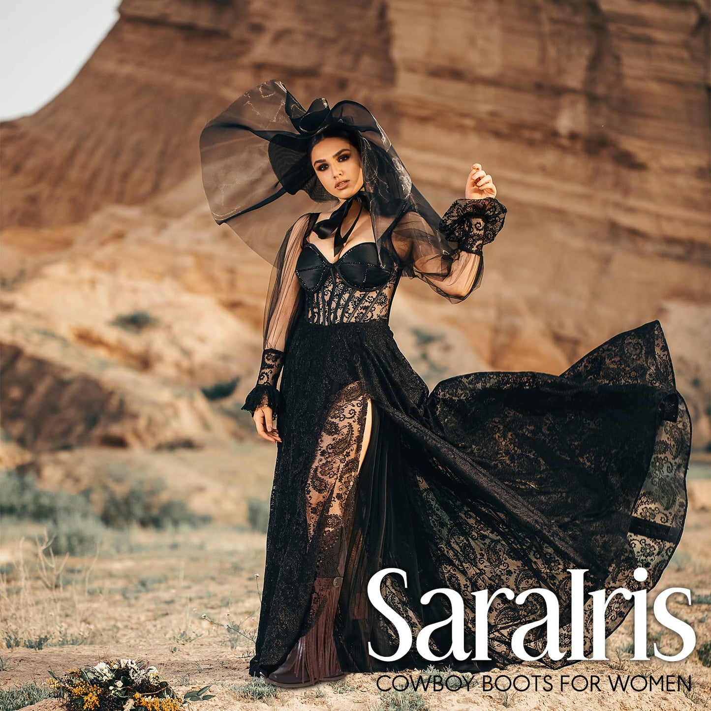 SaraIris Women's Western Bootie, Fashion Pointed Toe, Chunky Heel, Embroidered, Fringe, Pull-On, Mid Calf Boots, 2.75 inches, Knee High, PU, Denim, Rubber