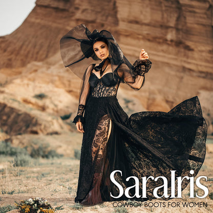 SaraIris Women's Western Bootie, Fashion Pointed Toe, Chunky Heel, Embroidered, Fringe, Pull-On, Mid Calf Boots, 2.75 inches, Knee High, PU, Denim, Rubber