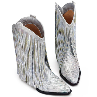 Fringe Cowboy Boots for Women – Mid Calf Cowgirl Boots with Star Studded, Pointed Toe and Chunky Heel, Perfect for Country Music Festivals