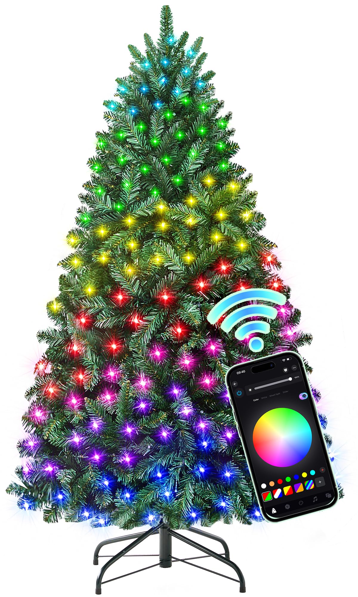 HOLLO STAR 6 ft Prelit Christmas Tree with 270 LED Lights, App Control, Artificial Christmas Tree with Multi-Color RGBW Lights, 1072 Branch Tips, Metal Base, Easy to Assemble, for Home, Party