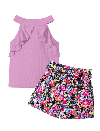 MIGU Girls Clothes Summer Halter Neck Ruffle Sleeveless Top Fashion Cute Floral Belt Shorts Two Piece Outfit Set Size 6-12
