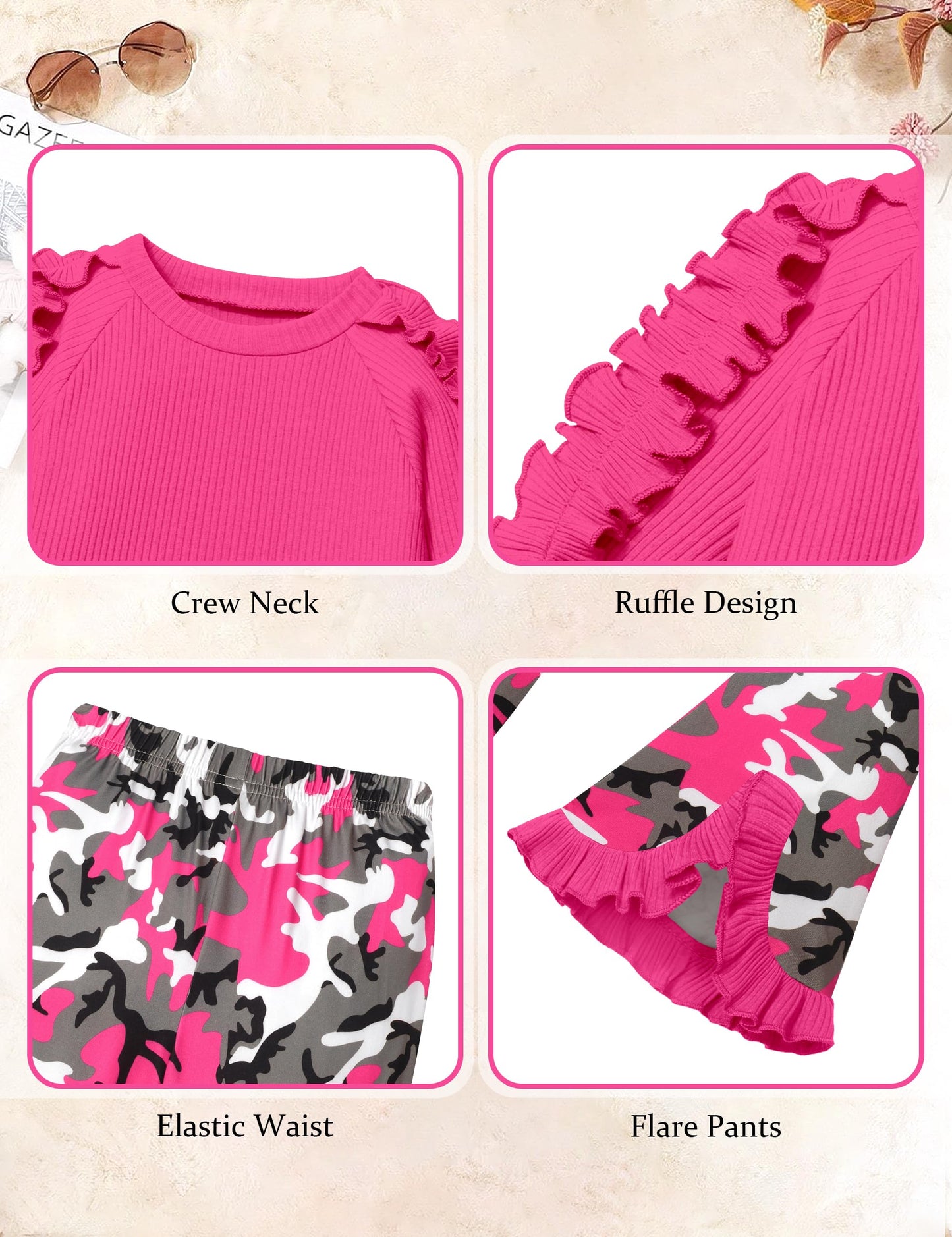 Toddler Girl Clothes Camo Girls Outfits Ruffle Sleeve Tops + Bell Bottom Flared Pants 2 Piece Winter Sweatsuit 2-10T