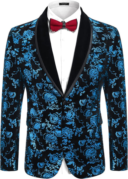 COOFANDY Men's Velvet Tuxedo Floral Blazer Jacket One Button Shawl Lapel Suit Jacket for Dinner Prom Party Wedding