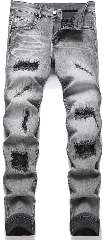 OIIIO Men's Patch Ripped Stretch Regular Fit Jean