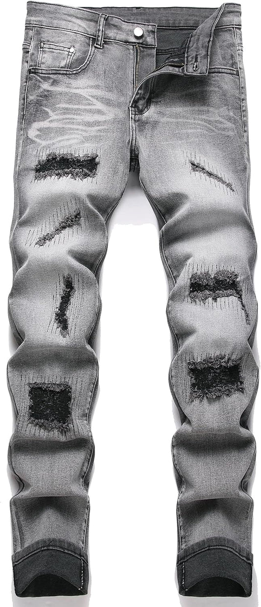 OIIIO Men's Patch Ripped Stretch Regular Fit Jean